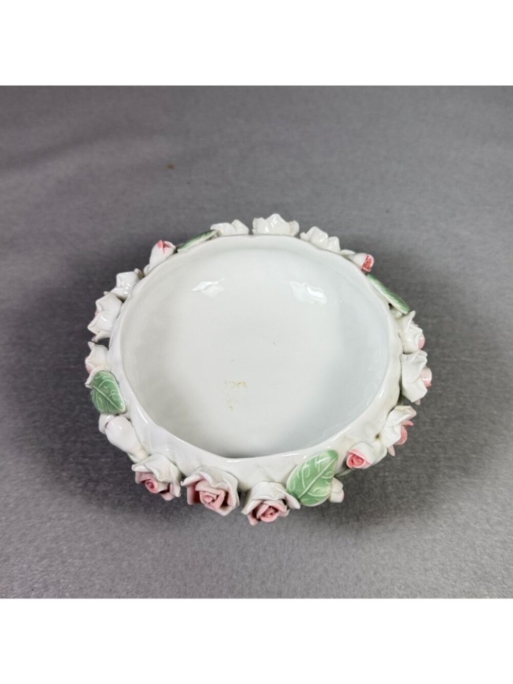 Vintage Encrusted Porcelain Rose Pedestal Bowl Capodimonte Style Candy Dish - Picture 7 of 11